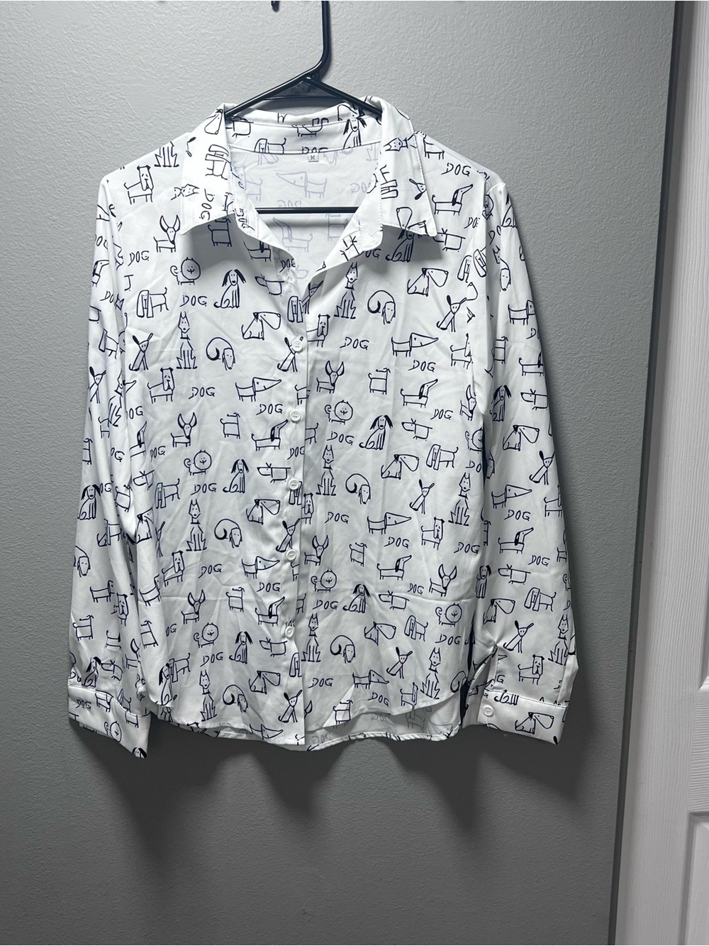 Women’s White Button-Down Shirt with Dog Sketch Print Size M
